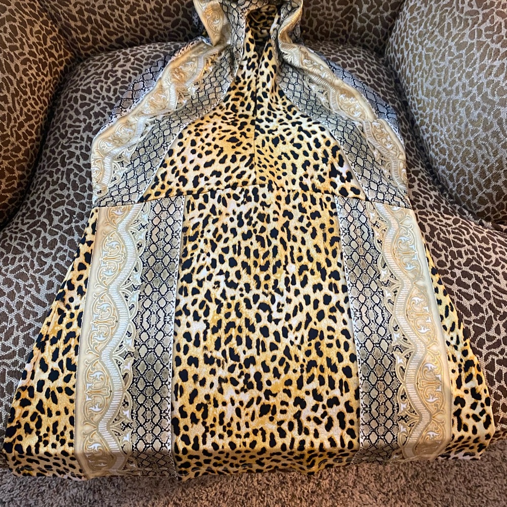 New Cache Leopard and Snakeskin Print Halter Top with Gold Accents